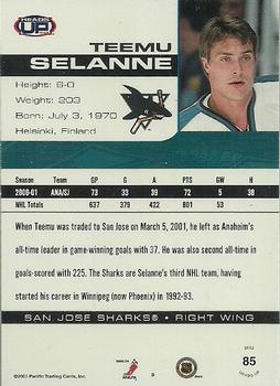 2001-02 Pacific Heads Up - Blue #85 Teemu Selanne Back