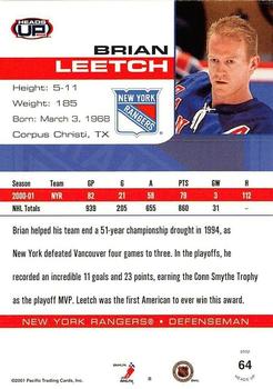 2001-02 Pacific Heads Up - Red #64 Brian Leetch Back