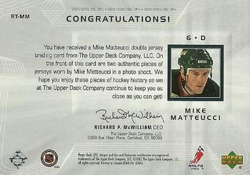 2001-02 Upper Deck Rookie Update - SPx Rookie Treasures #RT-MM Mike Matteucci Back