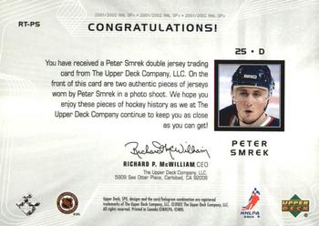 2001-02 Upper Deck Rookie Update - SPx Rookie Treasures #RT-PS Peter Smrek Back