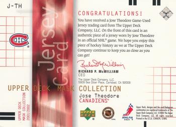 2001-02 Upper Deck Mask Collection - Jerseys #J-TH Jose Theodore Back