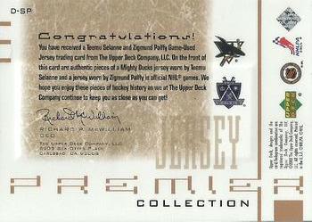 2001-02 Upper Deck Premier Collection - Dual Jerseys #D-SP Teemu Selanne / Zigmund Palffy Back
