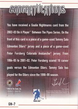 2002-03 Be a Player Between the Pipes - Goalie Nightmares #GN-7 Tommy Salo / Peter Forsberg Back