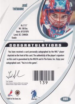 2002-03 Be a Player Signature Series - Autographs #065 Jose Theodore Back