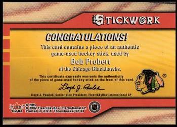 2002-03 Fleer Throwbacks - Stickwork #13 Bob Probert Back