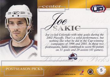 2002-03 Pacific Heads Up - Postseason Picks #5 Joe Sakic Back