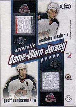 2002-03 Pacific Heads Up - Game-Worn Jersey Quads #10 Marc Denis / Ron Tugnutt / Rostislav Klesla / Geoff Sanderson Back