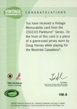 2002-03 Parkhurst - Vintage Memorabilia #VM-8 Doug Harvey Back