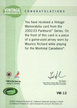 2002-03 Parkhurst - Vintage Memorabilia #VM-12 Maurice Richard Back