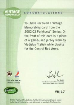 2002-03 Parkhurst - Vintage Memorabilia #VM-17 Vladislav Tretiak Back