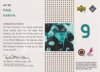 2002-03 SP Game Used - Authentic Fabrics Gold #AF-PK Paul Kariya Back