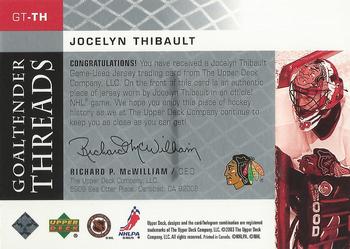 2002-03 Upper Deck - Goaltender Threads #GT-TH Jocelyn Thibault Back