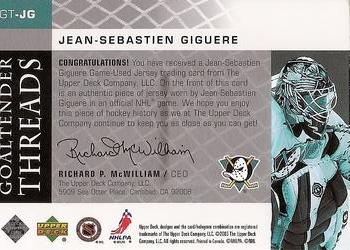 2002-03 Upper Deck - Goaltender Threads #GT-JG Jean-Sebastien Giguere Back