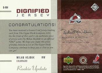 2002-03 Upper Deck Rookie Update - Dignified Jerseys #D-MH Milan Hejduk Back