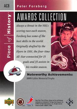 2002-03 Upper Deck Piece of History - Awards Collection #AC8 Peter Forsberg Back