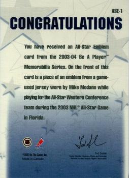 2003-04 Be a Player Memorabilia - All-Star Emblems #ASE-1 Mike Modano Back