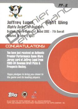 2003-04 Bowman Draft Picks and Prospects - Premier Performance Jerseys #PP-JL Joffrey Lupul Back