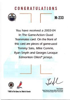 2003-04 In The Game Action - Jerseys #M-233 Tommy Salo / Mike Comrie / Ryan Smyth / Georges Laraque Back