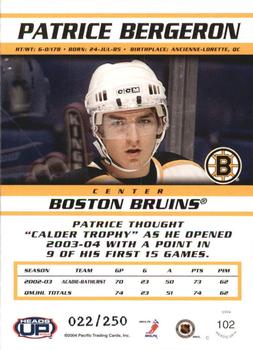 2003-04 Pacific Heads Up - Hobby LTD #102 Patrice Bergeron Back