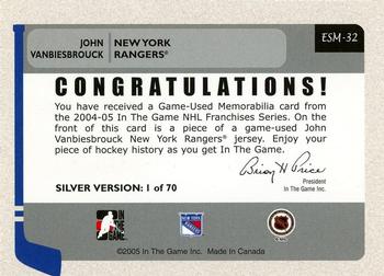 2004-05 In The Game Franchises US East - Game-Used Memorabilia #ESM-32 John Vanbiesbrouck Back