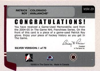 2004-05 In The Game Franchises US West - Memorabilia #WSM-29 Patrick Roy Back