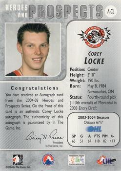 2004-05 In The Game Heroes and Prospects - Autographs #A-CL Corey Locke Back