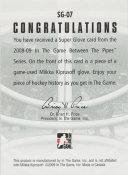 2008-09 In The Game Between The Pipes - Super Glove #SG-07 Miikka Kiprusoff  Back