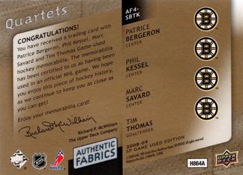 2008-09 SP Game Used - Authentic Fabrics Quartets Patches #AF4-SBTK Patrice Bergeron / Phil Kessel / Marc Savard / Tim Thomas  Back