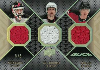 2008-09 UD Black - 3 on 3 Jerseys Gold #J3-03SC Scott Gomez / Martin Brodeur / Brian Rafalski / Patrik Elias / Scott Niedermayer / Brian Gionta  Front