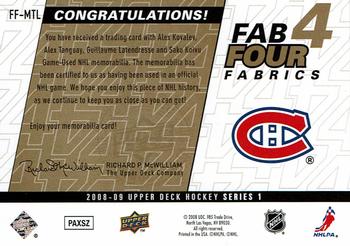 2008-09 Upper Deck - Fab Four Fabrics #FF-MTL Alex Kovalev / Alex Tanguay / Guillaume Latendresse / Saku Koivu  Back