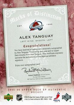 2005-06 SP Authentic - Marks of Distinction #MD-AT Alex Tanguay Back