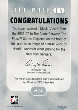 2006-07 In The Game Between The Pipes - The Mask IV #M-36 Henrik Lundqvist  Back