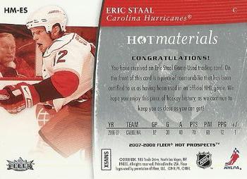 2007-08 Fleer Hot Prospects - Hot Materials #HM-ES Eric Staal  Back