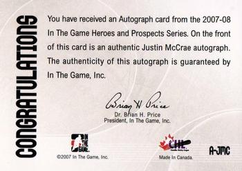 2007-08 In The Game Heroes and Prospects - Autographs #A-JMC Justin McCrae  Back