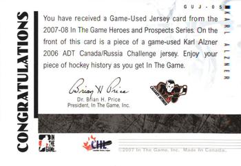 2007-08 In The Game Heroes and Prospects - Jerseys #GUJ-05 Karl Alzner  Back