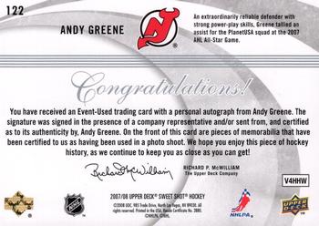 2007-08 Upper Deck Sweet Shot - Rookie Jerseys Autographs #122 Andy Greene  Back