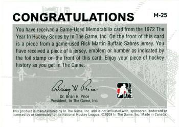 2009-10 In The Game 1972 The Year In Hockey - Game Used Emblem Silver #M-25 Rick Martin Back