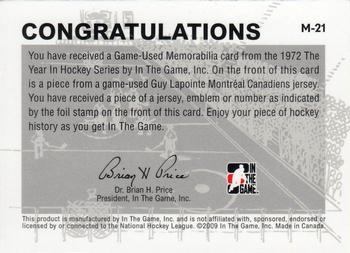 2009-10 In The Game 1972 The Year In Hockey - Game Used Number Gold #M-21 Guy Lapointe  Back