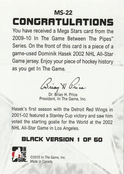 2009-10 In The Game Between The Pipes - Mega Stars Black #MS-22 Dominik Hasek  Back