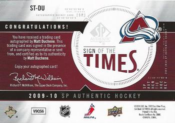 2009-10 SP Authentic - Sign of the Times #ST-DU Matt Duchene Back