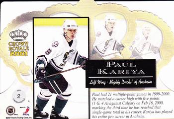 2000-01 Pacific Crown Royale #2 Paul Kariya Back