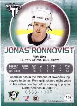 2000-01 Pacific Private Stock Titanium Draft Day #152 Jonas Ronnqvist Back
