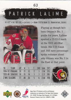 2000-01 SP Authentic #63 Patrick Lalime Back