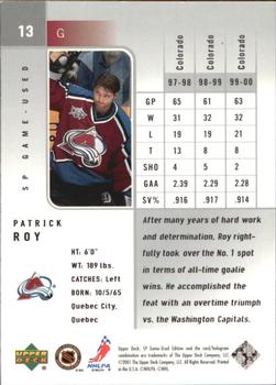 2000-01 SP Game Used #13 Patrick Roy Back