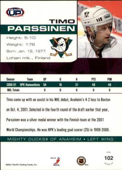 2001-02 Pacific Heads Up #102 Timo Parssinen Back