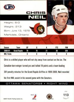 2001-02 Pacific Heads Up #113 Chris Neil Back