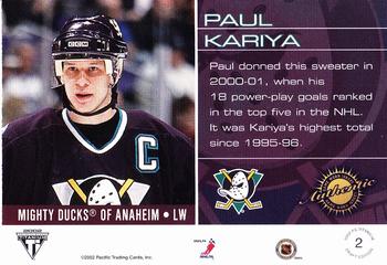 2001-02 Pacific Private Stock Titanium Draft #2 Paul Kariya Back