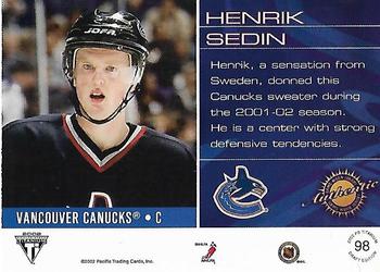 2001-02 Pacific Private Stock Titanium Draft #98 Henrik Sedin Back