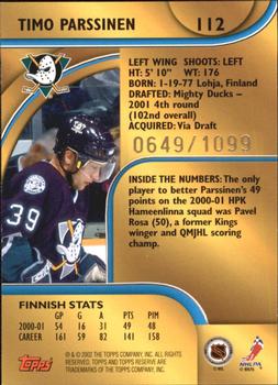 2001-02 Topps Reserve #112 Timo Parssinen Back