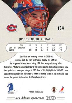 2002-03 In The Game Used #139 Jose Theodore Back